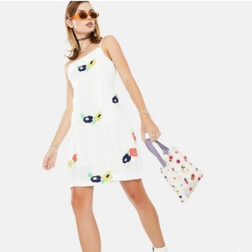 Rollas April Rose Dress in White Floral Womens Small Retro Spaghetti Strap Shift